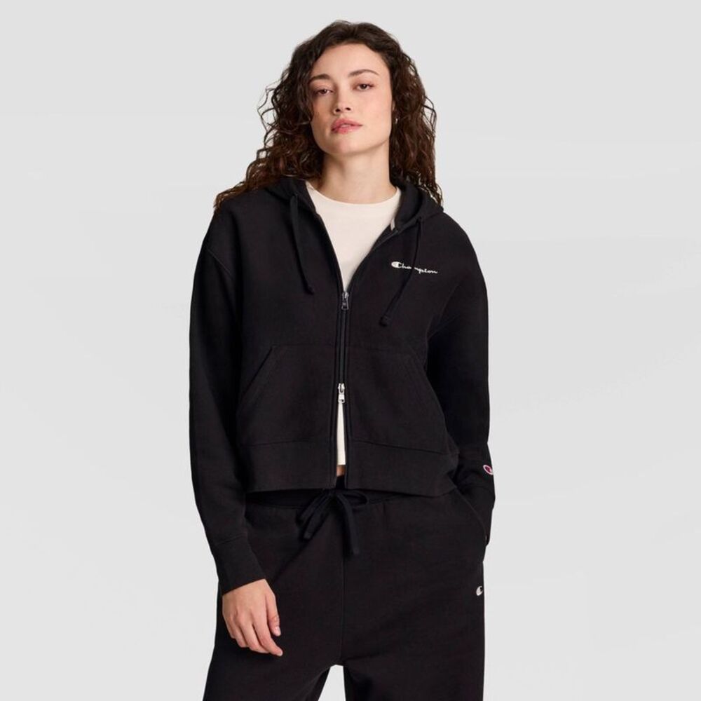 Champion Women's Cropped Hooded Fleece Zip-Up Hoodie - Black XL